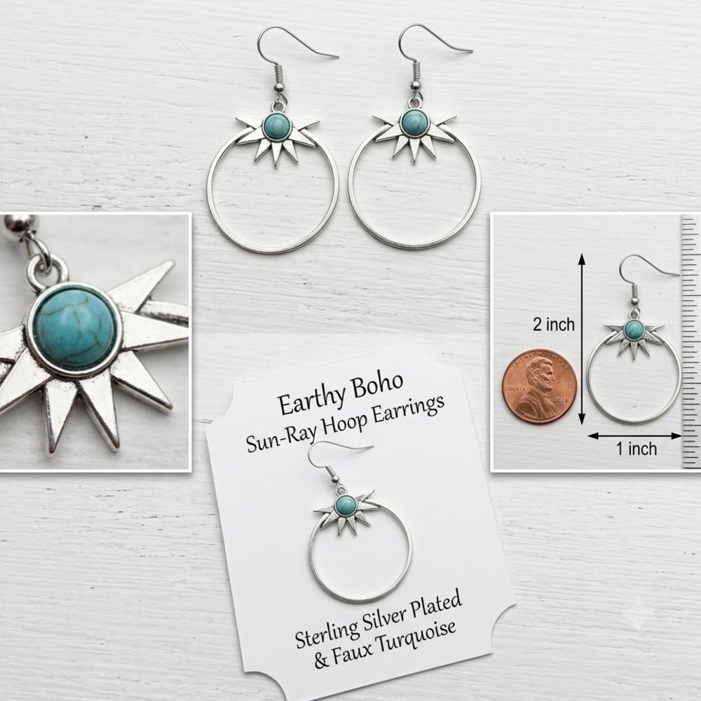 Boho Turquoise Hoop Earrings‎ Silver Sunburst Dangle Drop Western Southwestern